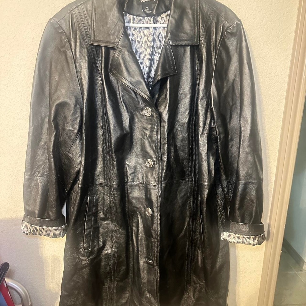 Black vintage leather jacket with leopard lining leather Women's plus size 22